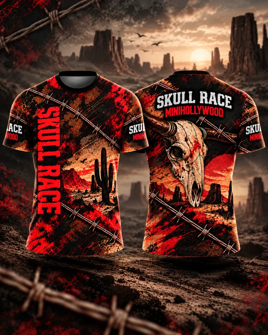 Diseño oficial de la camiseta de Skull Race MiniHollywood 2027, vista frontal y espalda