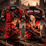 Diseño oficial de la camiseta de Skull Race MiniHollywood 2027, delantera y espalda