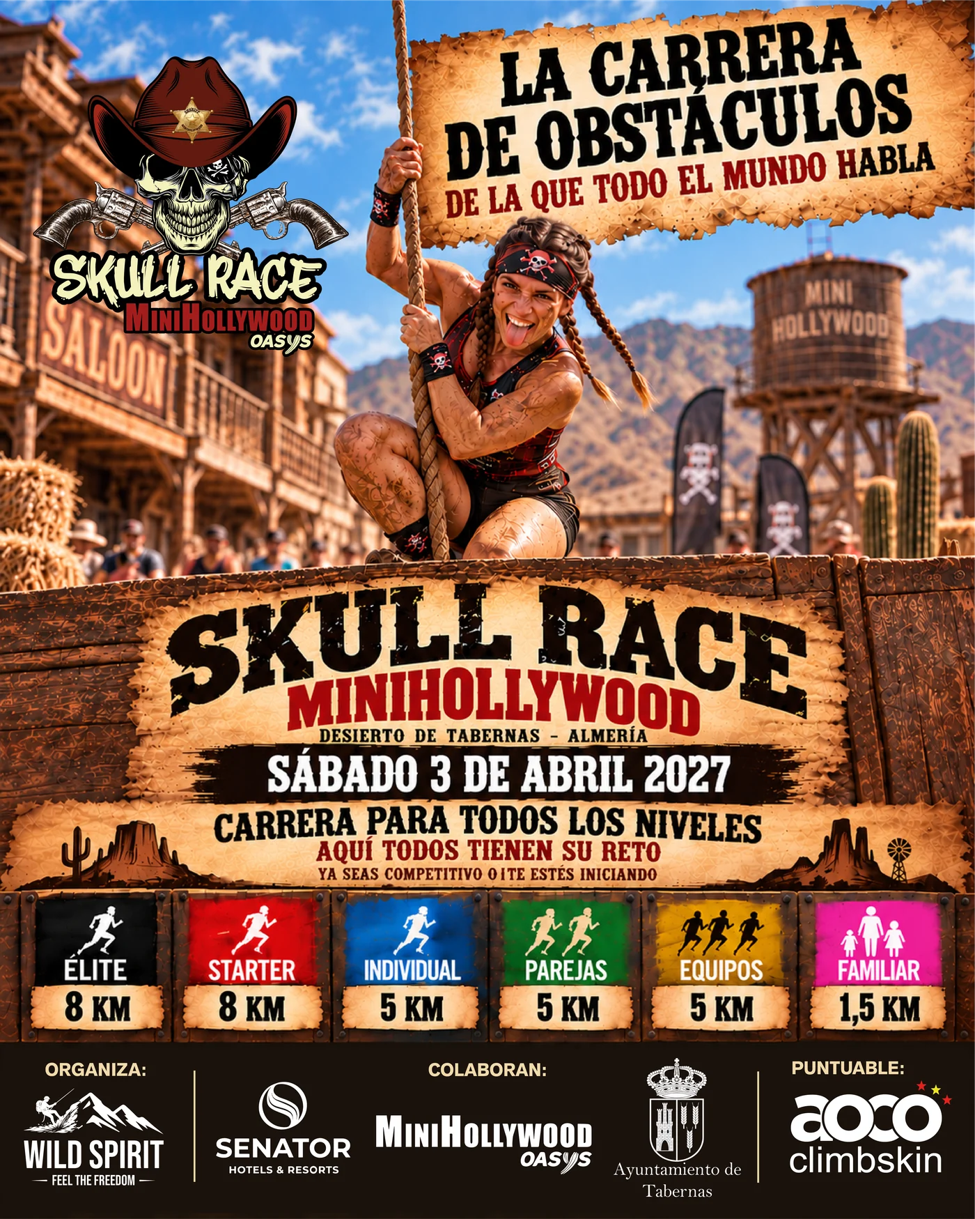 Cartel oficial de Skull Race MiniHollywood 2027 con las modalidades y distancias